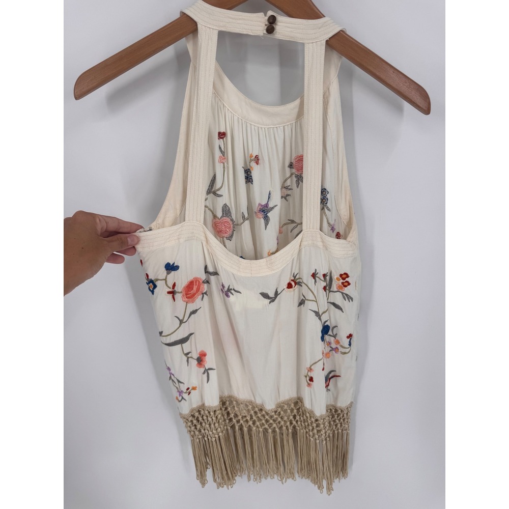 Anthropologie Halter Top Women Size 8 Ivory Embroidered Fringe Boho Bird - Picture 10 of 14